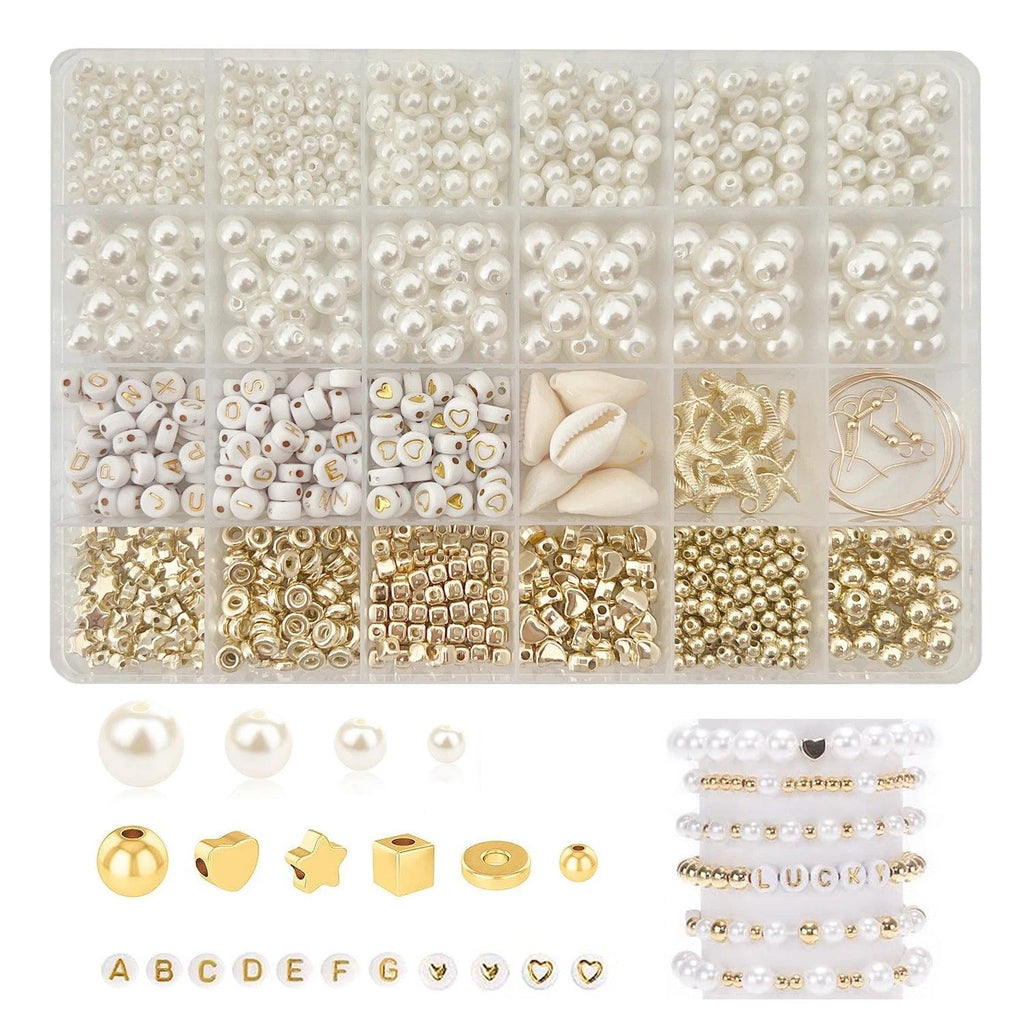 Imitation Pearl Gold Plated Spacer Beads ，Alphabet Gold Letters Beads and Seashell with Accessories for Jewelry Making Kit