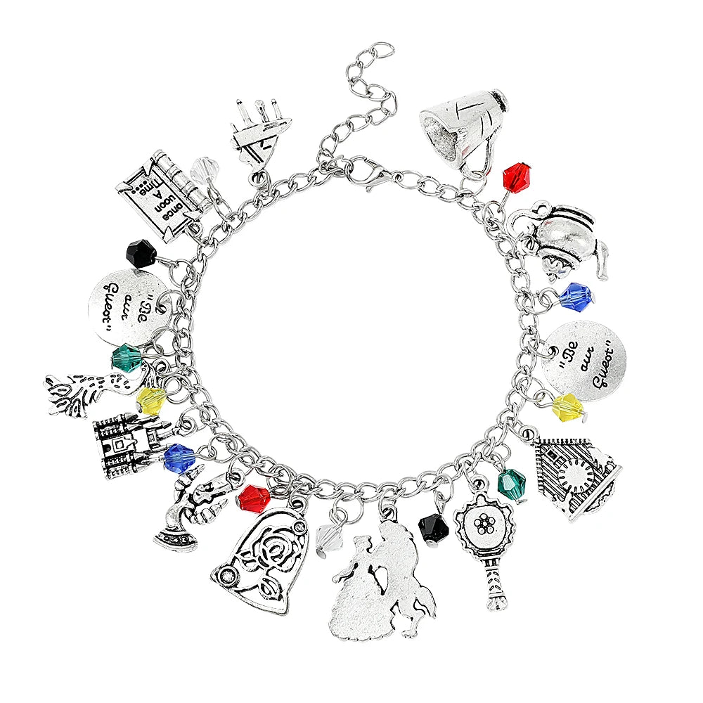 Disney Beauty and the Beast Charm Bracelet Belle Princess Rose Flower Adjustable Bangle Bracelet for Women Jewelry Accessory