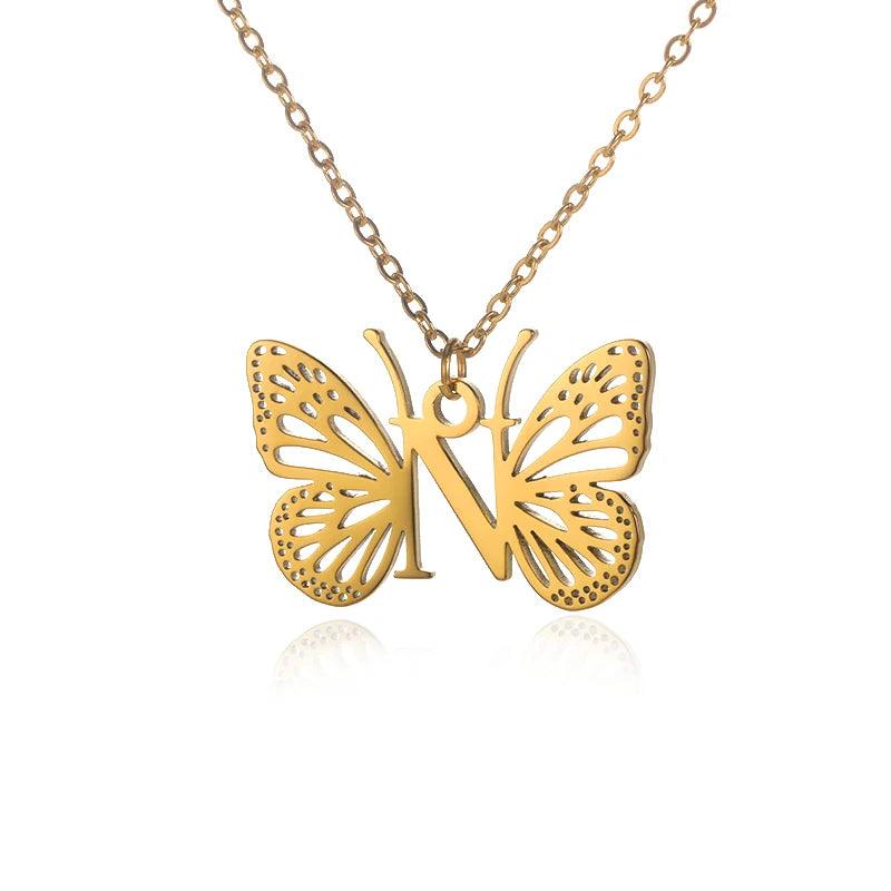 A-Z Initial Letter Collar Butterfly Necklace For Women Butterfly Jewelry Stainless Steel Alphabet Choker Necklace Female Gift