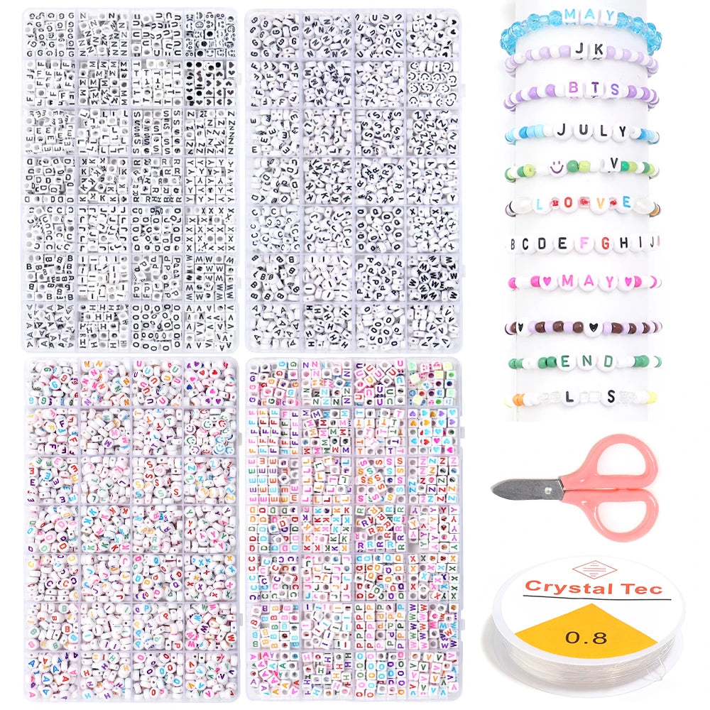 28grids Color Acrylic Letter Beads Kits A-Z Square Round Alphabet Bead Set with Line for Jewelry Making Bracelet Necklace Beaded