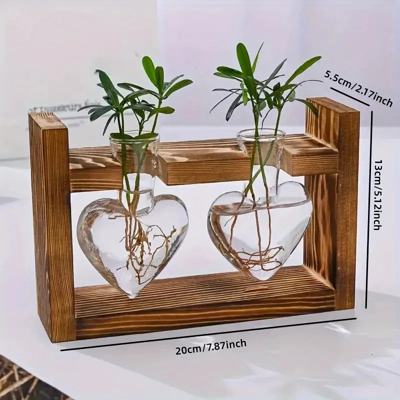 1pc Transparent Glass Vase With Wooden Frame, Heart-shaped Glass Vase For Hydroponic Plant Propagation, Air Plant Vase For Home