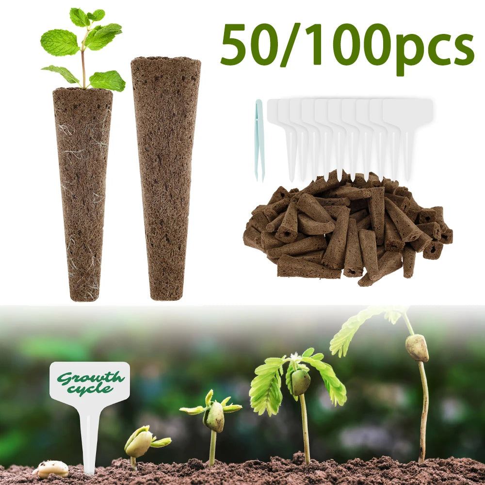 50/100Pcs Seed Grow Sponges Hydroponics Seed Starter Pods Kit with Plant Labels Gardening Pod Garden Planting Accessories