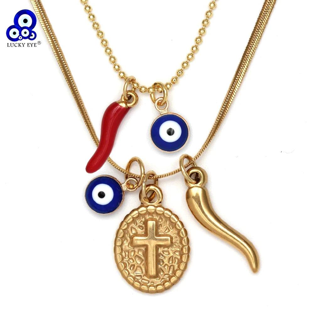 Lucky Eye Drop Oil Blue Turkish Evil Eye Necklace Hand Sun Pepper Cross Pendant Necklace for Women Girls Men Fashion Jewelry