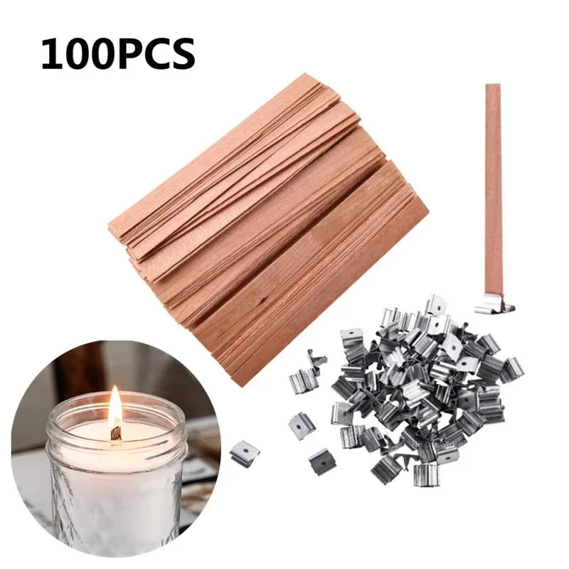 100pcs Wooden Candle Wicks Candle Making Wicks with Sustainer Tab 6~19mm Naturally Smokeless Wood Core for DIY Candle Jar Making