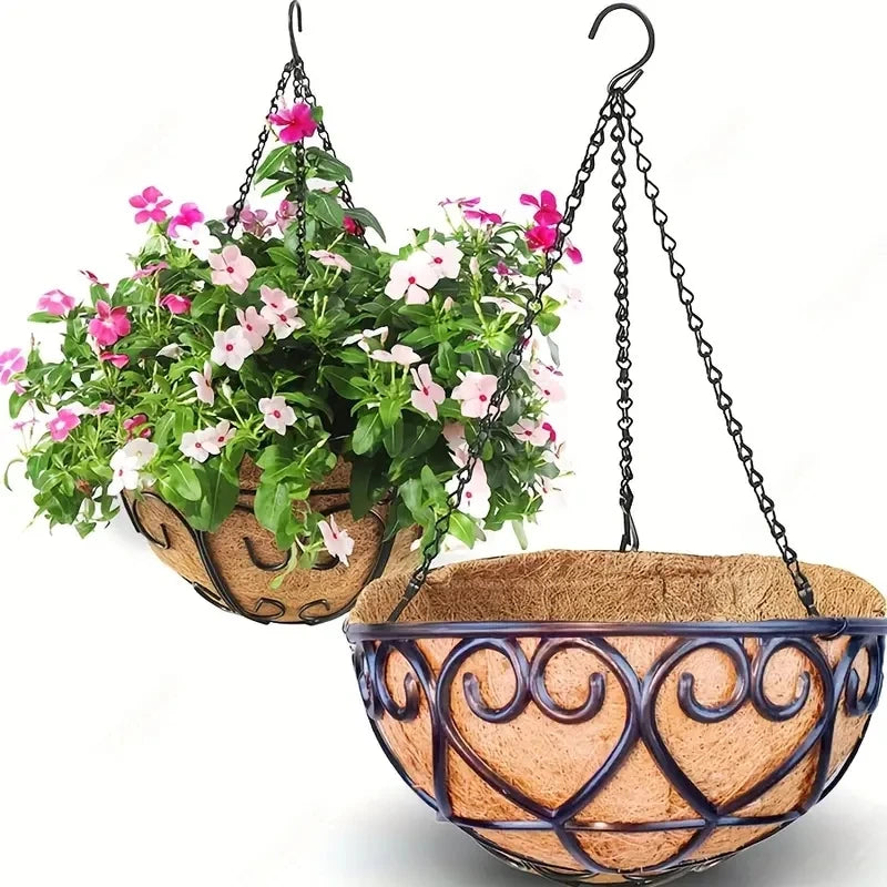 Coconut Brown Round Iron Chain Hanging Basket Flower Pot, European Creative Meat Green Plant Hanging Blue Flower Pot