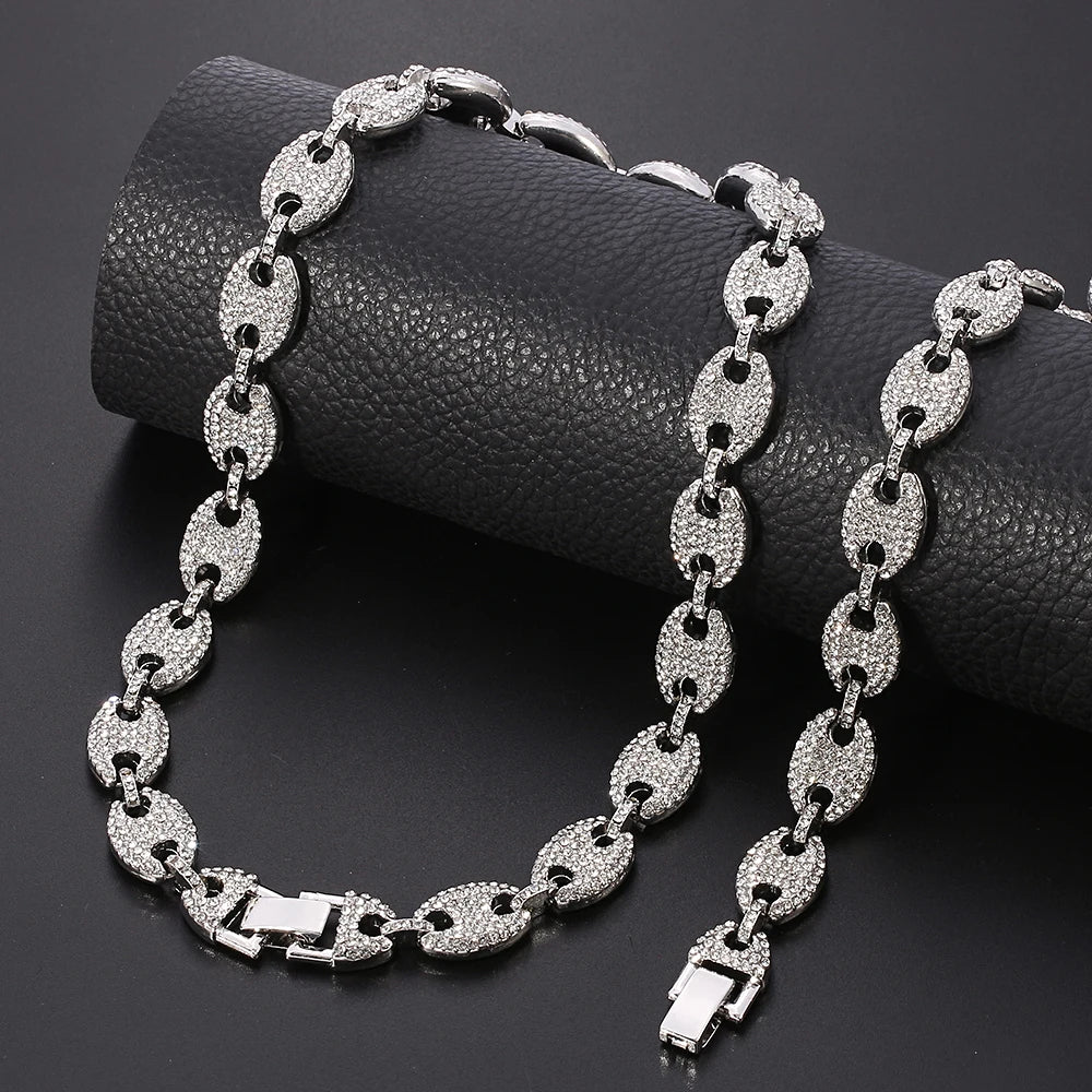 Men Coffee Bean Cuban Chain Necklace Gold Silver Color Full Rhinestone Pig Nose Necklaces Hip Hop Jewelry