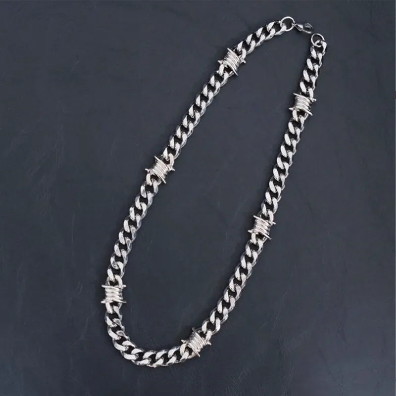 Unique Cuban Link Chain Thorns Choker Necklace Punk Gothic Stainless Steel Heavy Thick Barbed Wire Necklace for Men Women 50CM