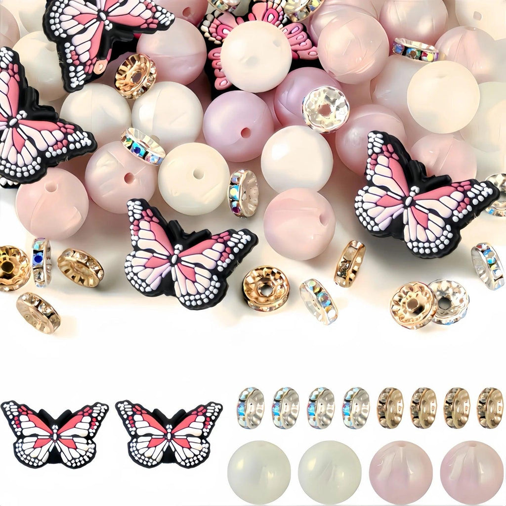 65pcs/set Pink Butterfly Beads Silicone Beads Set 15mm Silicone Round Beads Pearlescent White Pearlescent Powder Contains 10mm Rhinestone Spacer Beads Colorful Rhinestone Spacer Beads for Key Chain Making, Round Silicone Thro