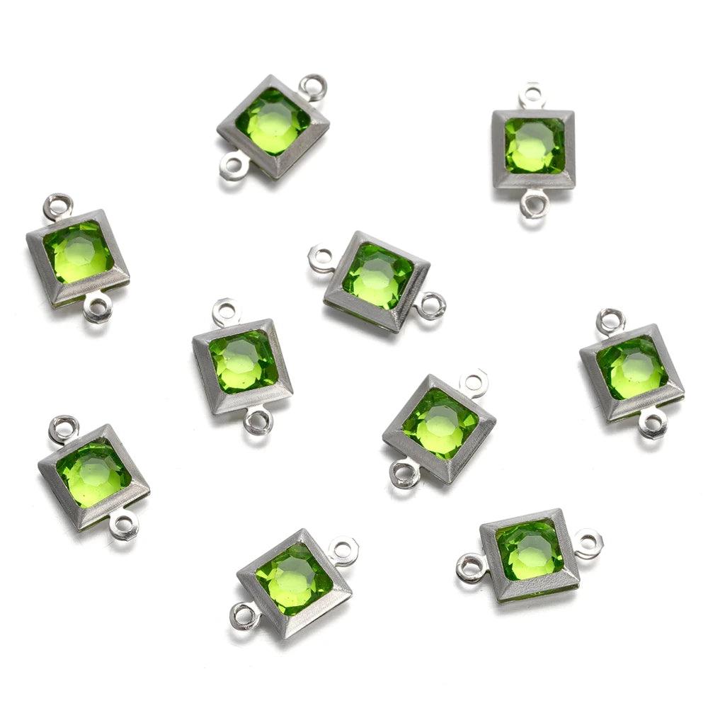 10pcs Stainless Steel Double Holes Square with Rhinestones Bracelet Necklace Pendant Connectors for DIY Jewelry Making Supplies