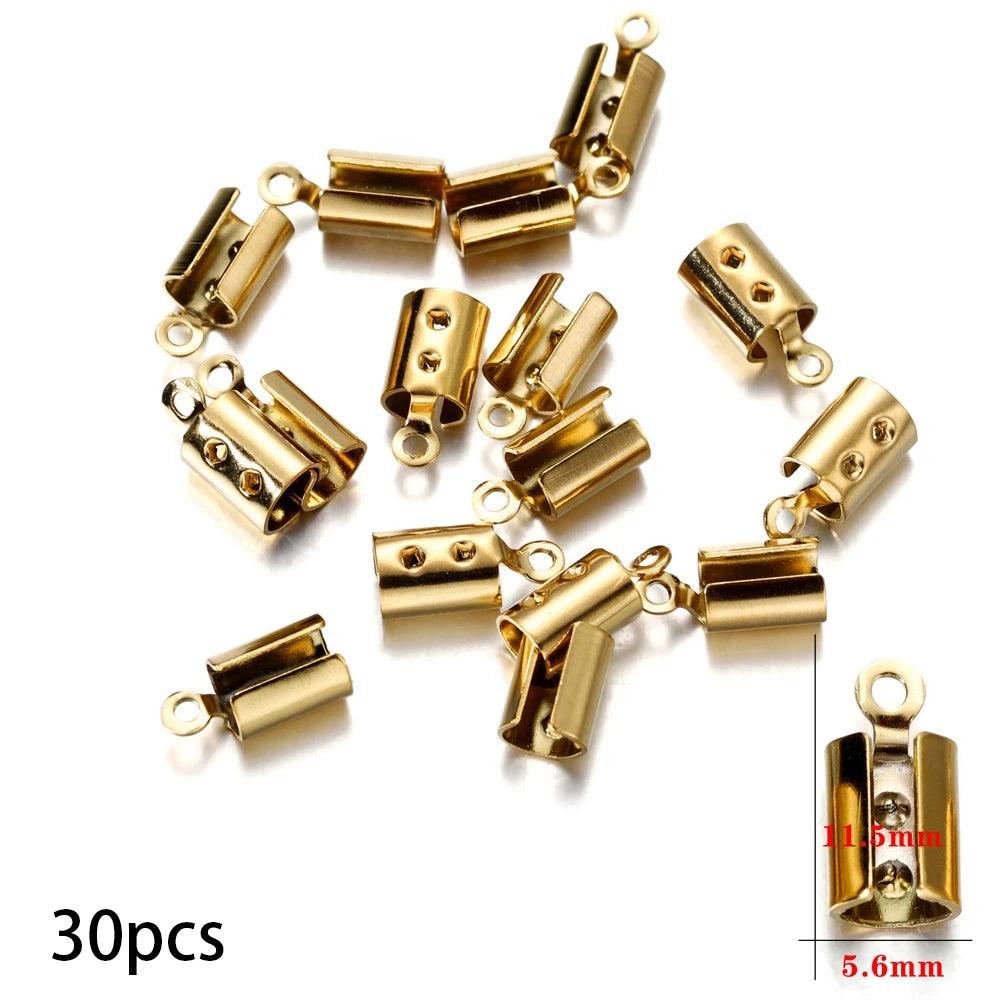 30/50pcs Stainless Steel Gold Rope Cords Crimp End Bead Caps Leather Clip Tip Fold For DIY Bracelet Necklace Jewelry Making