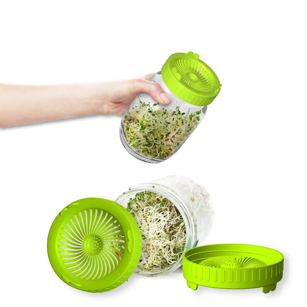 Sprouting Lids Plastic Green 86mm Strip Mesh Wide Mouth Mason Jar Lid Germination Kit Strainer Lid With handle