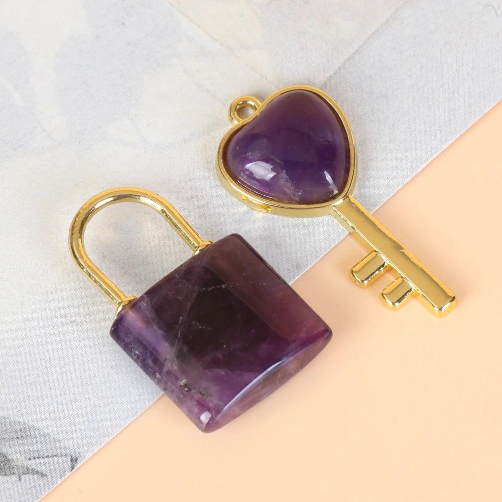 1 Set Natural Crystal Couple Lock Necklace Pendant Set Heart Shaped Key Piece Pink Crystal Amethyst Tiger Eye Stone Lock