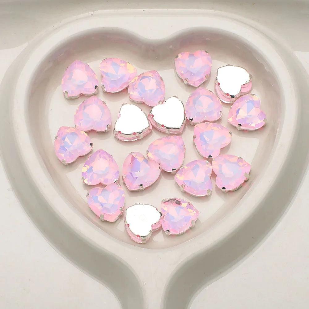 10Pcs 14mm Crystal Glass Love Heart Beads Glitter Flatback Silver Claw Rhinestone Crafts Jewelry DIY Making Garment Accessories