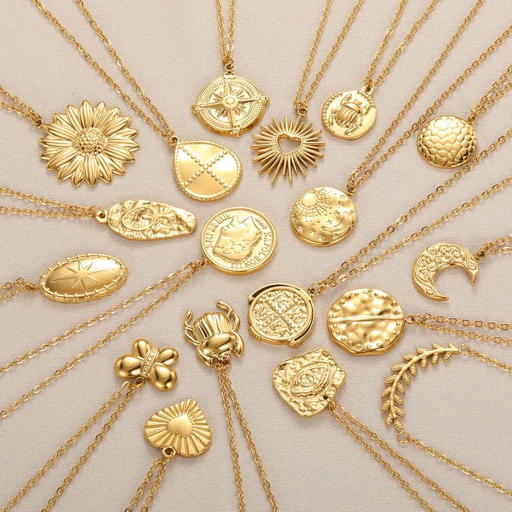 Stainless Steel Sunflower Butterfly Heart Pendant Necklace For Women Compass Embossed Plated Coin Necklace Party Jewelry Gift