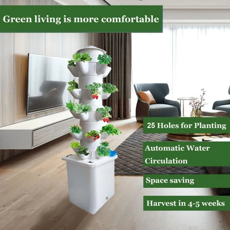 White Hydroponic Tower Garden Growing System Kit 5-Hole 5 Tiers 25 Plants with Timer Automatic Watering