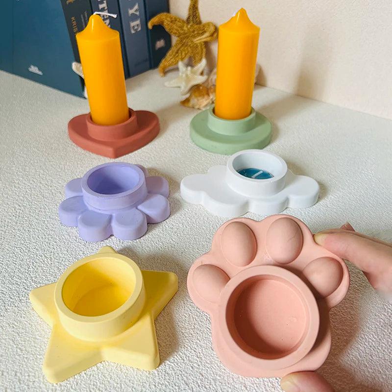 Heart Shape Candlestick Cement Mold Cute Cat Claw Candle Holder Mold Cloud Flower Star Shape Tealight Holder Clay Silicone Mold