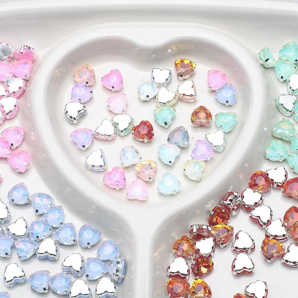 20Pcs 10mm Crystal Glass Love Heart Gems Beads Silver Claw Rhinestone Crafts Jewelry DIY Making Handmade Garment Accessories