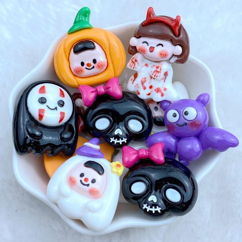 Colorful Resin Bat Big Pumpkin Ghost Skull Flatback Cabochon Stone Figurines 10pcs DIY Bow Halloween Accessorie Scrapbook Crafts