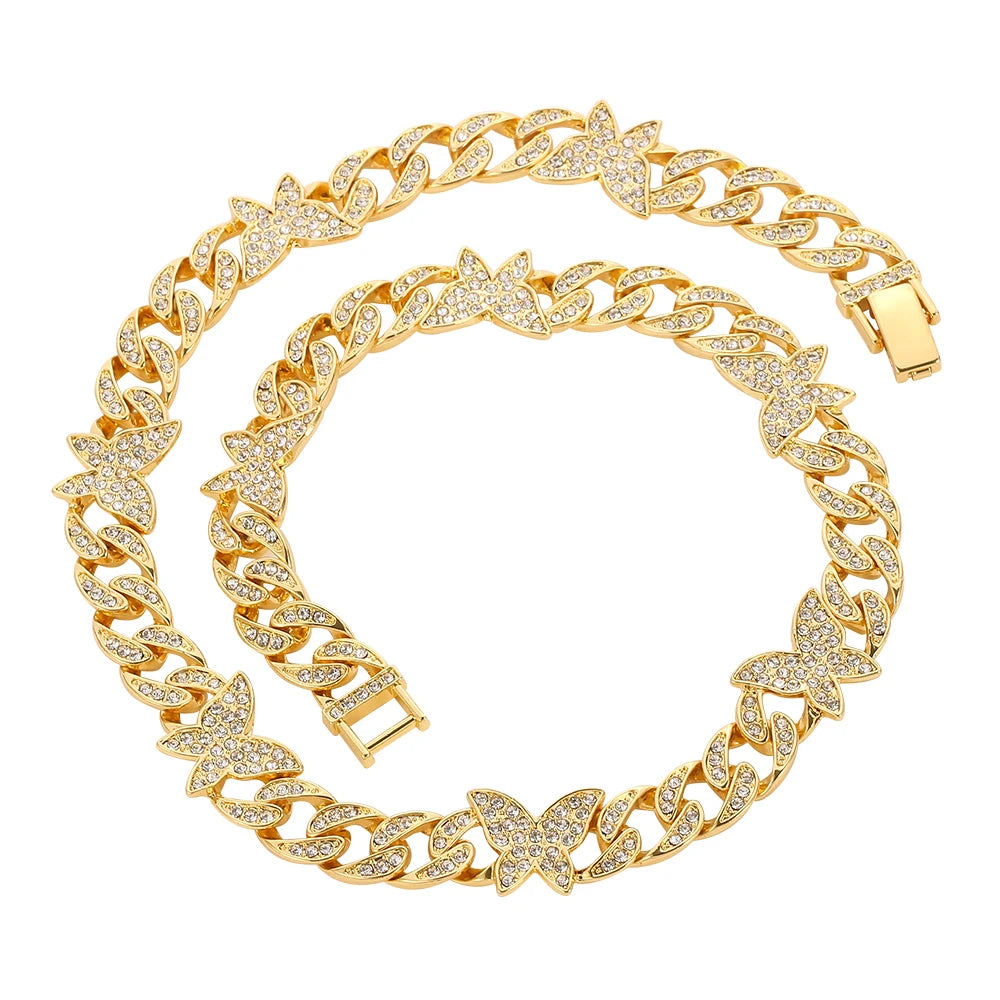 Hip Hop Iced Out Cuban Link Chain Butterfly Necklace for Women Gold Silver Color Miami Cuban Necklaces Jewelry