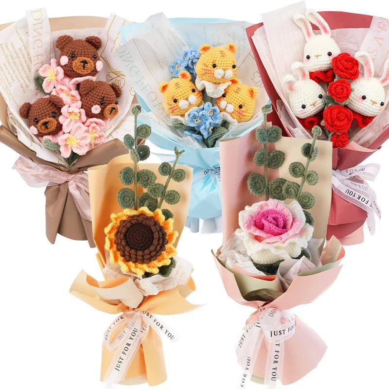 KRABALL Crochet Knitting Animal Or Flower Bouquets Kit With Cotton Yarn Thread Instructions DIY Knit Tool Set Accessories