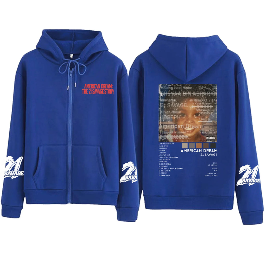 21 Savage Story American Dream Zipper Hoodie Harajuku Pullover Tops Sweatshirt Streetwear Fans Gift Unisex
