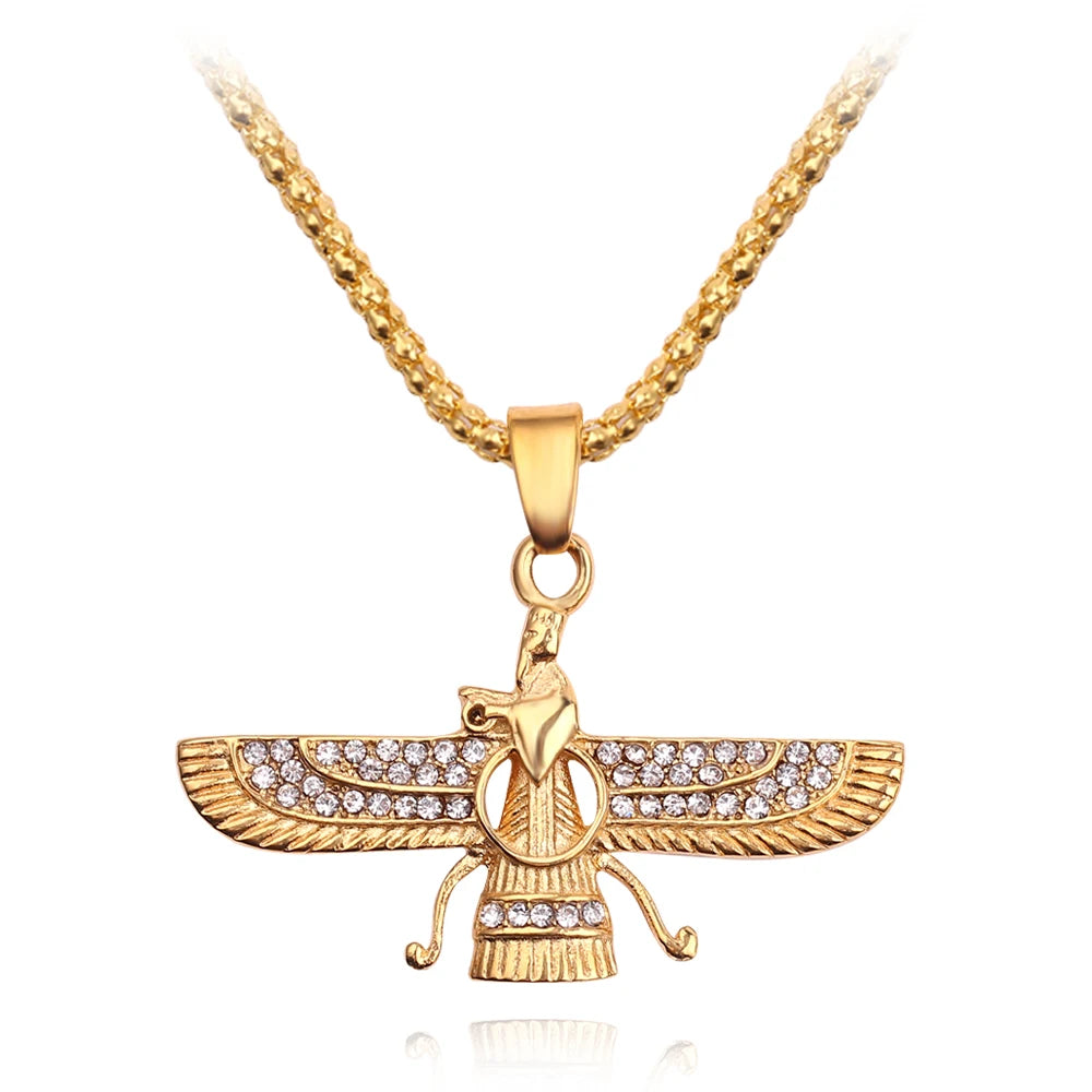 New Men Hip Hop Iran Faravahar Ahura Mazda Zoroastrian Pendant Necklace Gold Color Men Jewelry Necklace