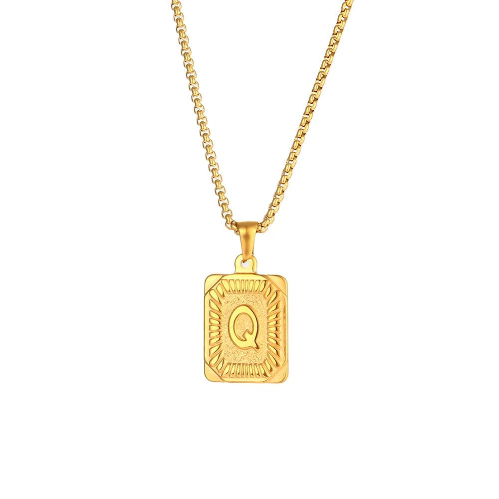 2023 New Stylish Square Pendant Necklace Men's Stainless Steel Gold Plated Letter Necklace Initial Necklace For Women