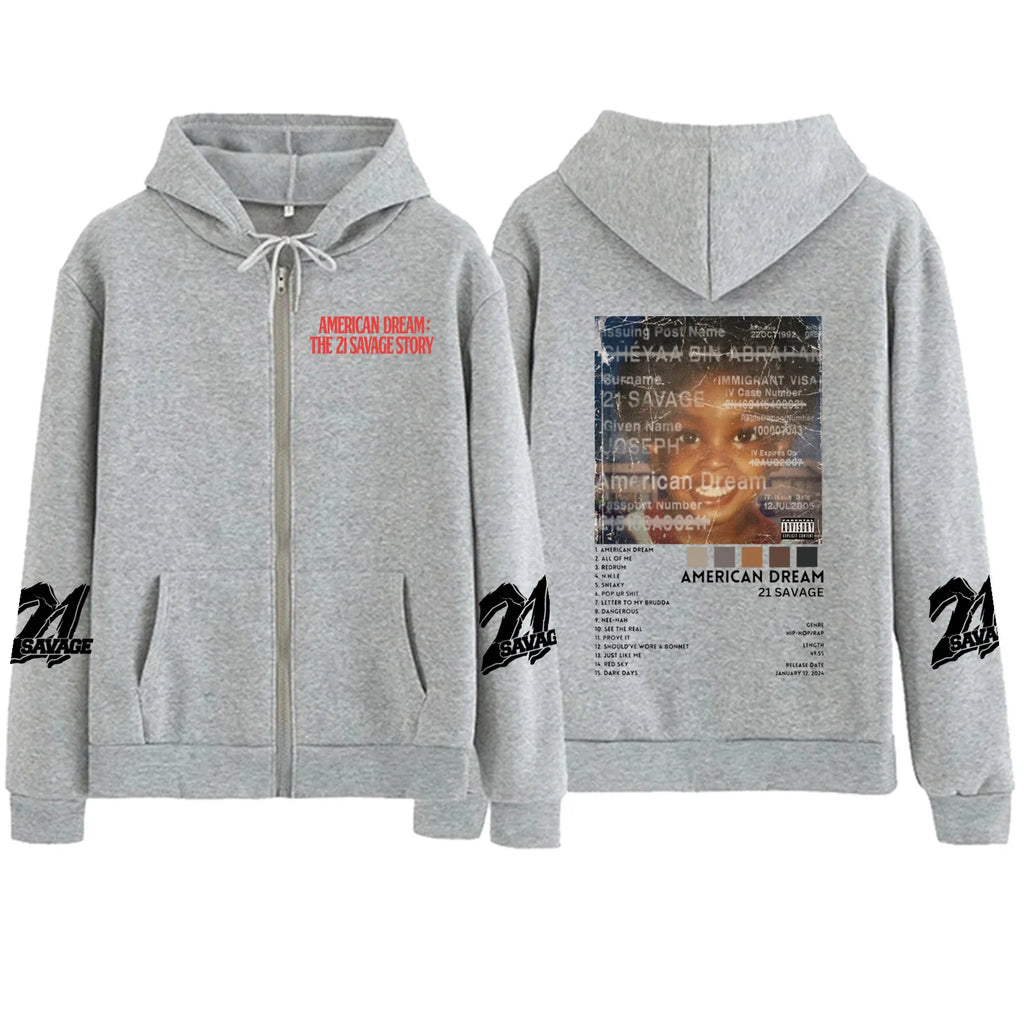 21 Savage Story American Dream Zipper Hoodie Harajuku Pullover Tops Sweatshirt Streetwear Fans Gift Unisex