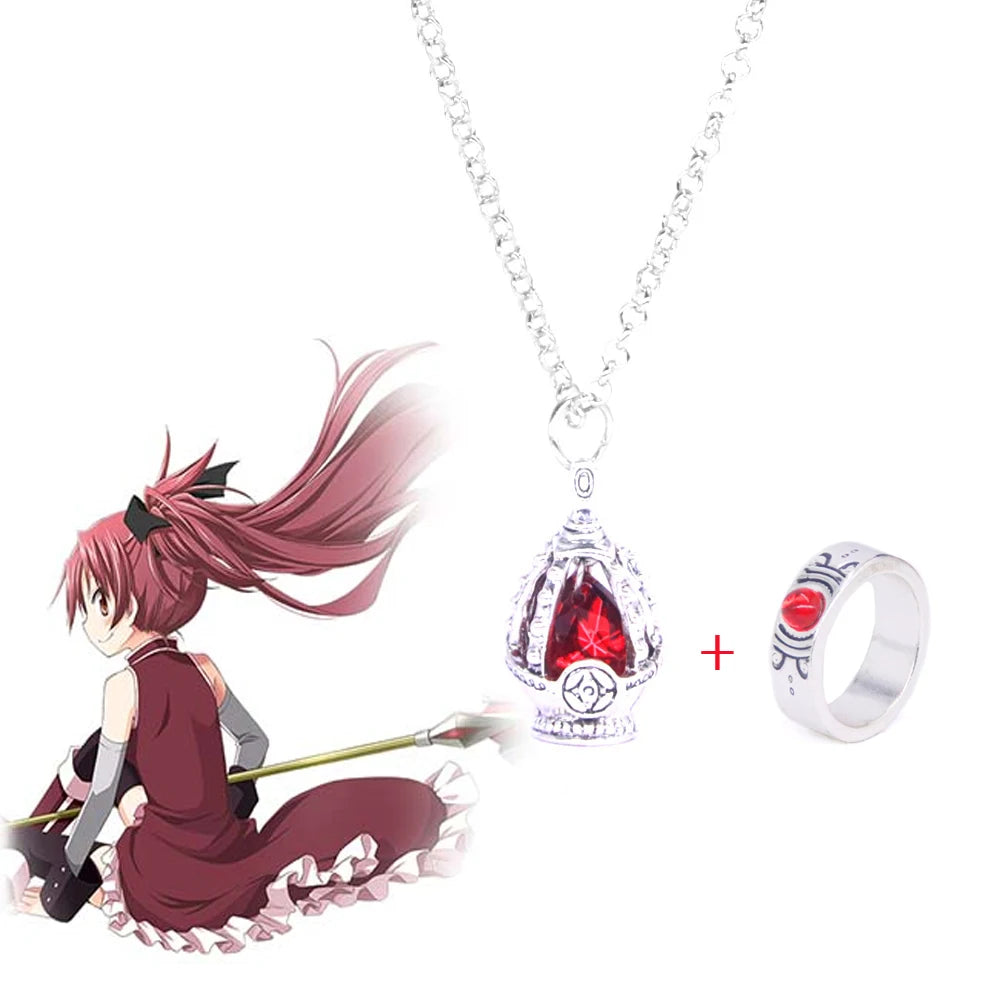 Anime Puella Magi Madoka Magica Necklace Kaname Madoka Miki Sayaka Tomoe Mami Soul Gem Pendant Necklaces Ring Set Jewelry Gift