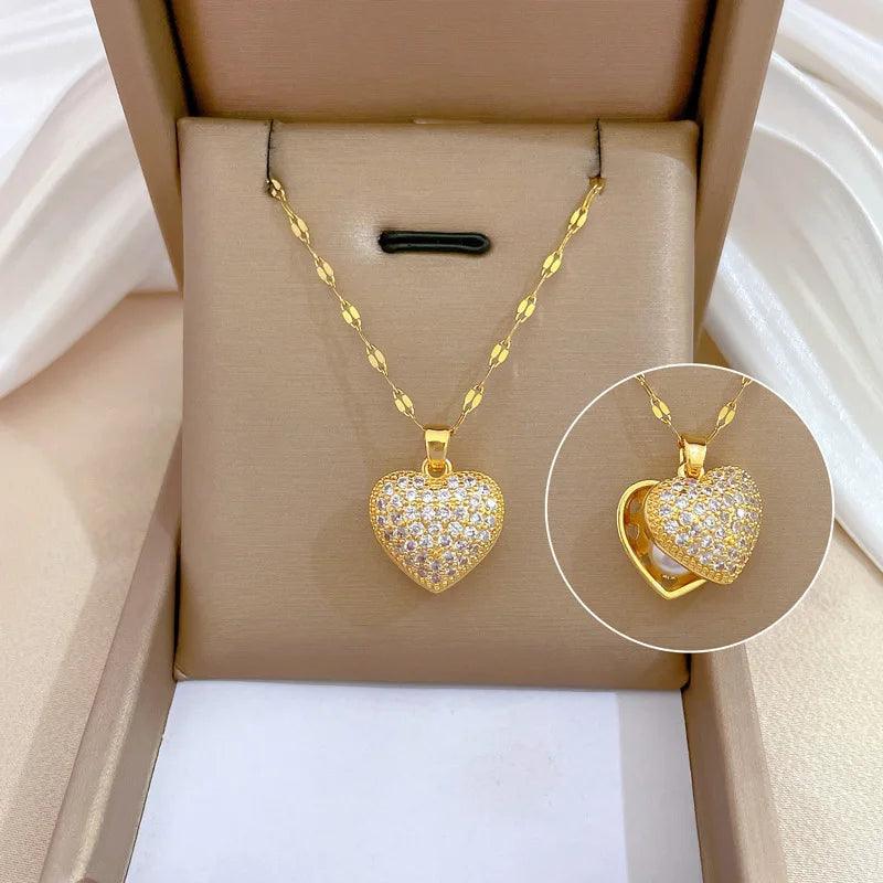 Trendy Heart Butterfly Stainless Steel Pendant Necklaces For Women Girls Mother Gold Color Metal Crystal Jewelry Party Birthday