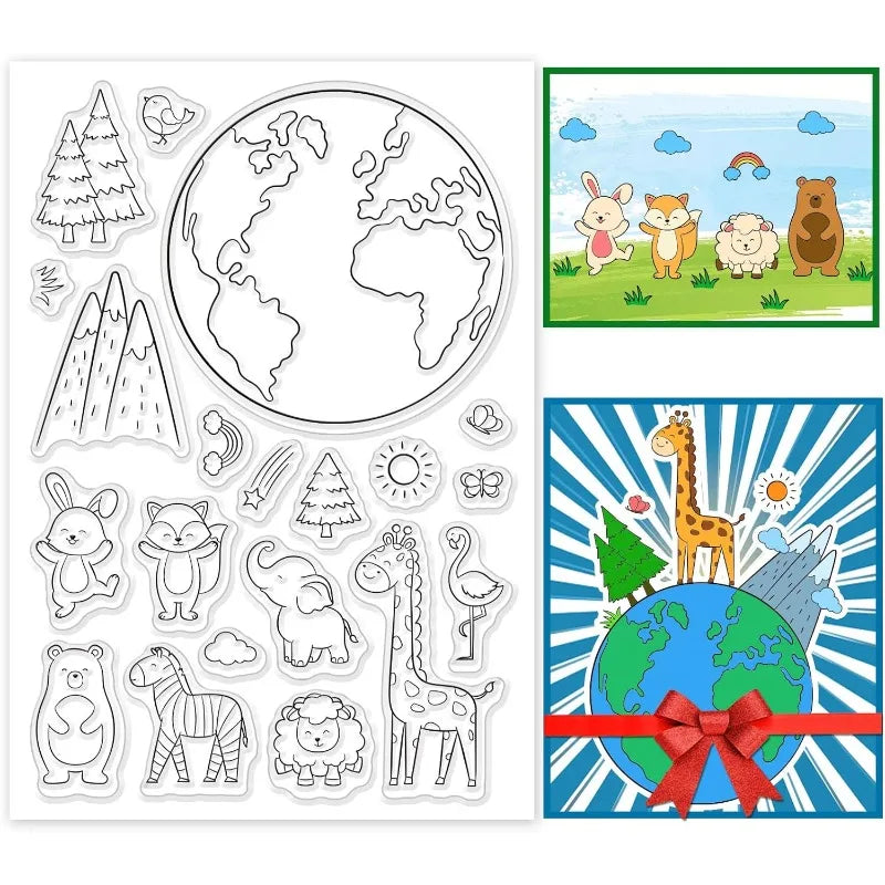 1PC Decorative Clear Stamps Earth Animal Plastic Stamps Earth Day Silicone Stamp Film Frame Transparent Seal Stamps