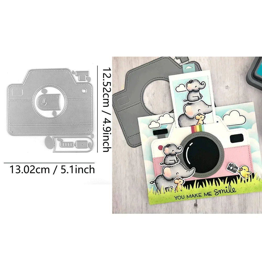 Magic Iris Camera Pull Tab Bundle Clear Stamps and Metal Cutting Dies for DIY Craft Card Making Scrapbooking Decoration