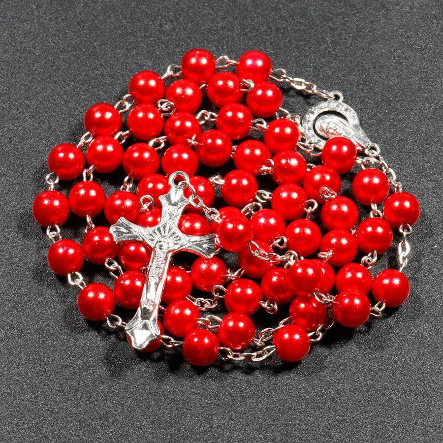 New Religion Christian Faux pearl Rosary Necklace For Women Virgin Mary Jesus Cross Pendant Long Beads Chains Fashion Jewelry