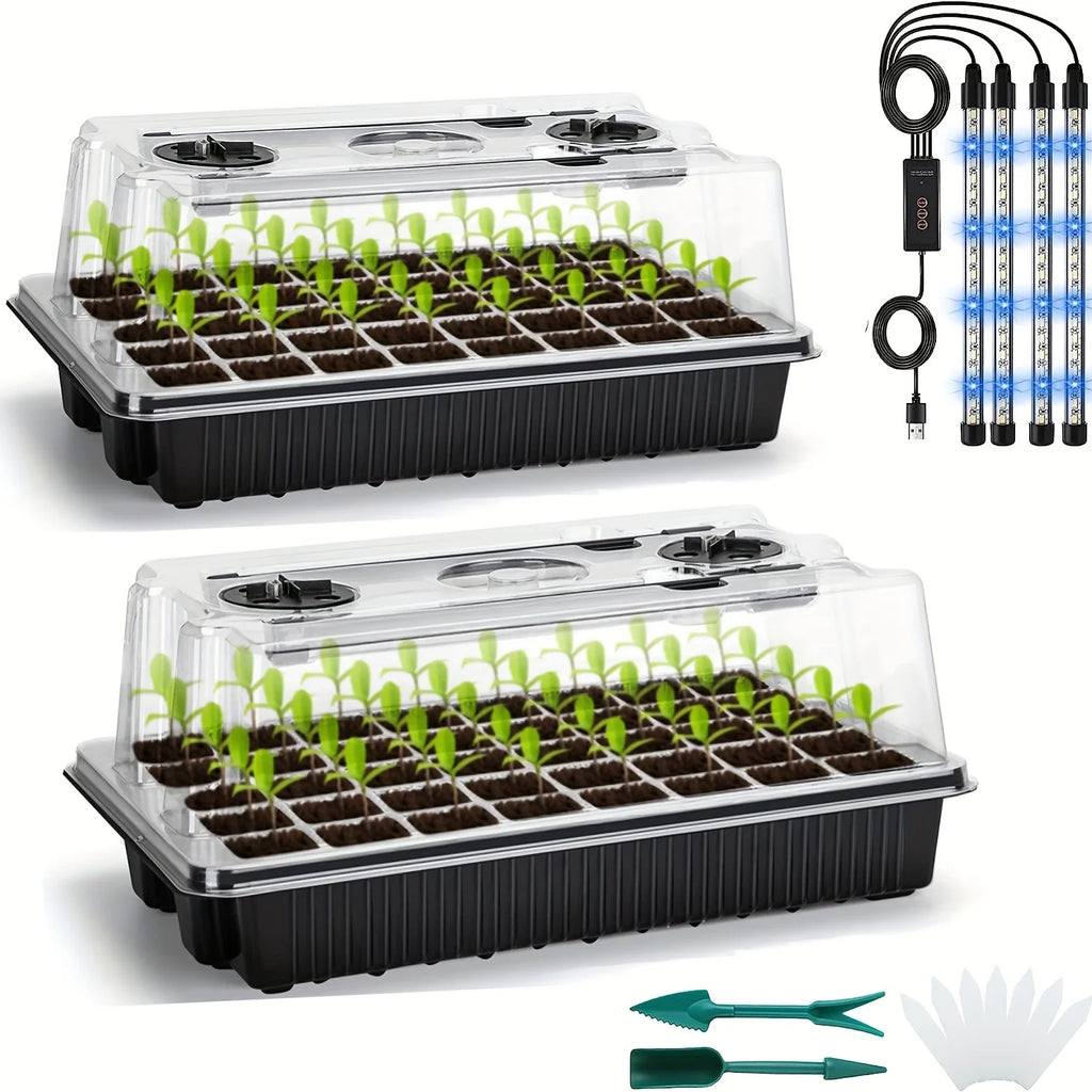 Black 2-Pack Seed Germination Trays - 80-Cell Kit W/ LED Grow Lights, Timer - Ideal for Home Gardening & Greenhouses