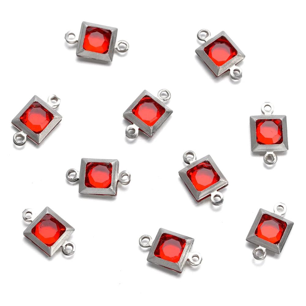 10pcs Stainless Steel Double Holes Square with Rhinestones Bracelet Necklace Pendant Connectors for DIY Jewelry Making Supplies