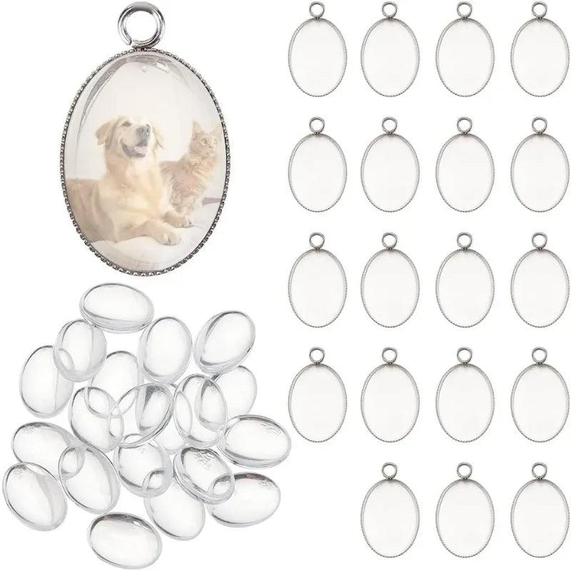 40pcs Bezel Pendant Tray Blanks - 20pcs Oval Photo Charms with 20pcs Glass Cabochons Dome for Bouquet Bridal Wedding Brides