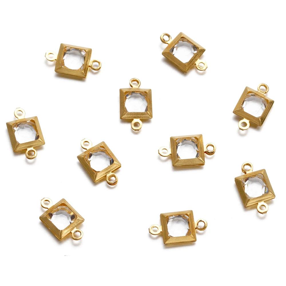 10pcs Stainless Steel Double Holes Square with Rhinestones Bracelet Necklace Pendant Connectors for DIY Jewelry Making Supplies