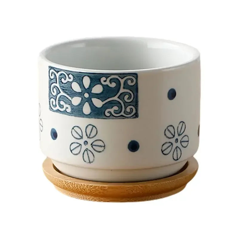 Flower Pot with Bamboo Tray Japanese Style Ceramic Lot Mini Cement Succulent   Bonsai Planter Garden Decor Office Home Plant