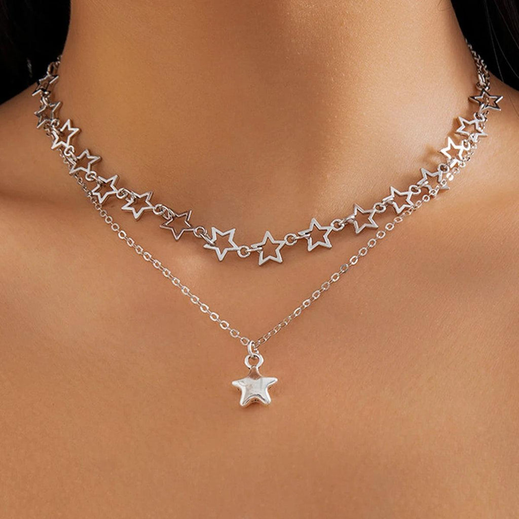 IngeSight.Z 2pcs/set Punk Hollow Star Pendant Necklace for Women Simple Silver Color Metal Link Chain Choker Necklace Set