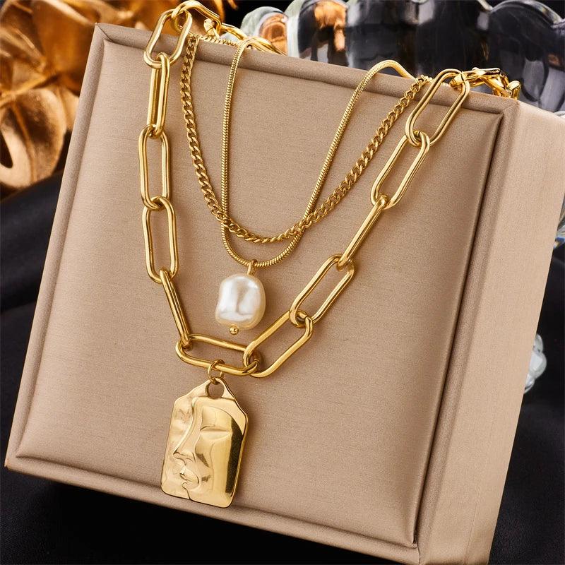 DIEYURO 316L Stainless Steel 3-Layer Pearl Square Portrait Pendant Necklace For Women Punk Street Trend Chain Neck Jewelry Gift