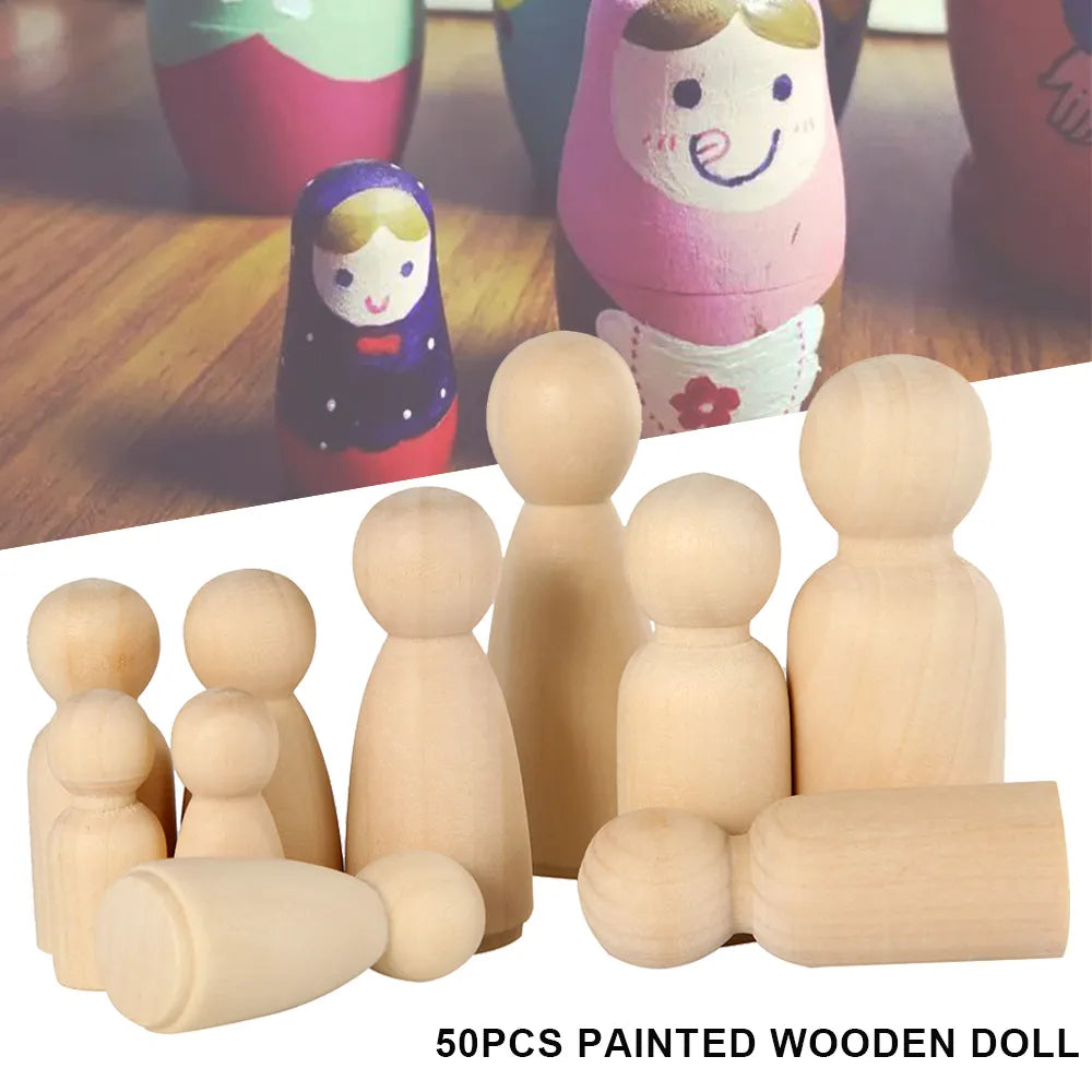 Wooden Figure Wooden Peg Dolls and Natural Half Wooden Beads Painted Wooden Decorative DIY Doll People Arts Painting Doodle Doll