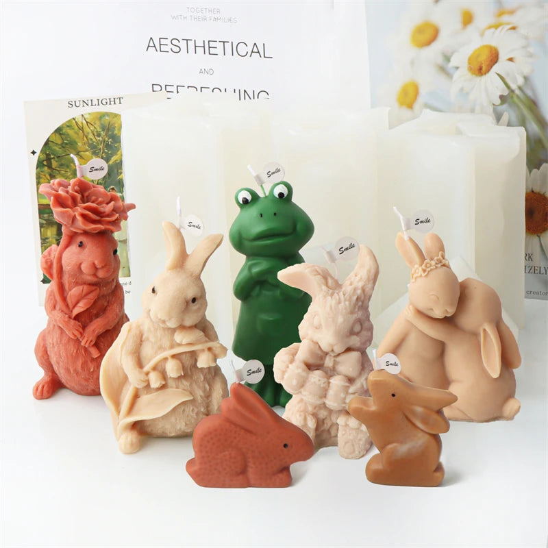 New 3D Rabbit Silicone Candle Mold Easter Bunnies Shape Fondant Cake Decorating Mould Flower Rabbit Aromatherapy Plaster Mold