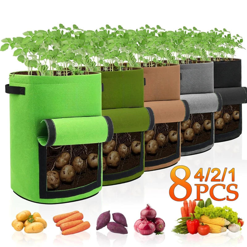 1-8PCS 5/10Gallon Felt Potato Planting Bag Large Diameter Vegetable Plant Seedling Bag Non-Woven Garden Potato Growing Bucket