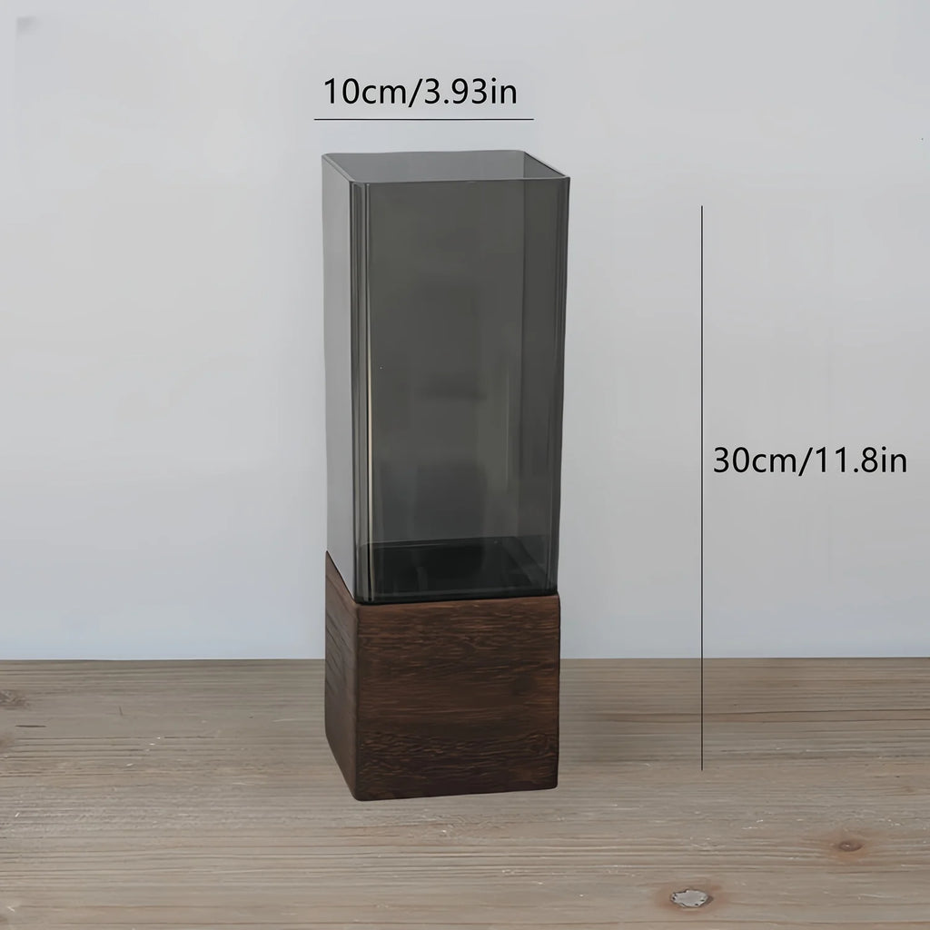 [Black Transparent Nordic Vase] 1pc Nordic Style Wooden Base Black Transparent Square Vase, 4 Sizes Available, Durable Acrylic