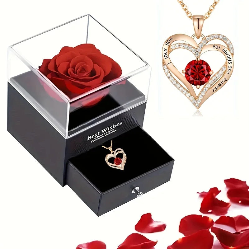 Luxury Red Zircon Pendant Necklaces With Rose Flower Gift Box For Girlfriend Women I Love You Gifts 2024 Trendy Wedding Jewelry