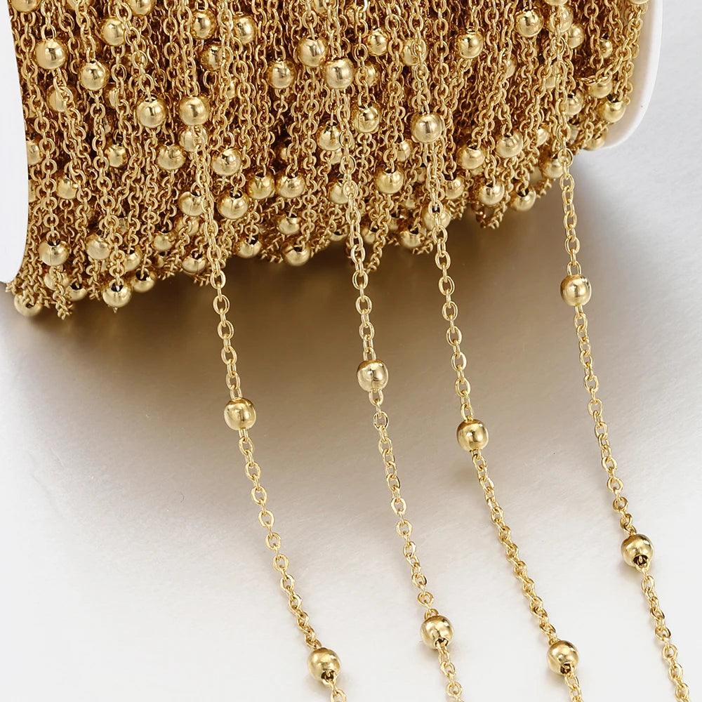 1meter/2meter Stainless Steel Golden Beads Chains for Jewelry Making DIY Women Men Necklace Bracelet Bulk Chain Accessories