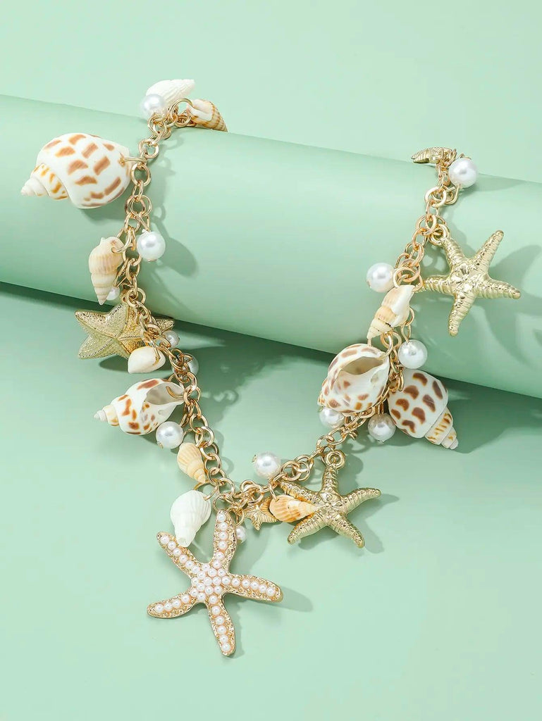 1 Vacation Style Ocean Series Shell Starfish   ImitationPearl Necklace Women's Vacation Leisure Party Exaggerated Shell Necklac