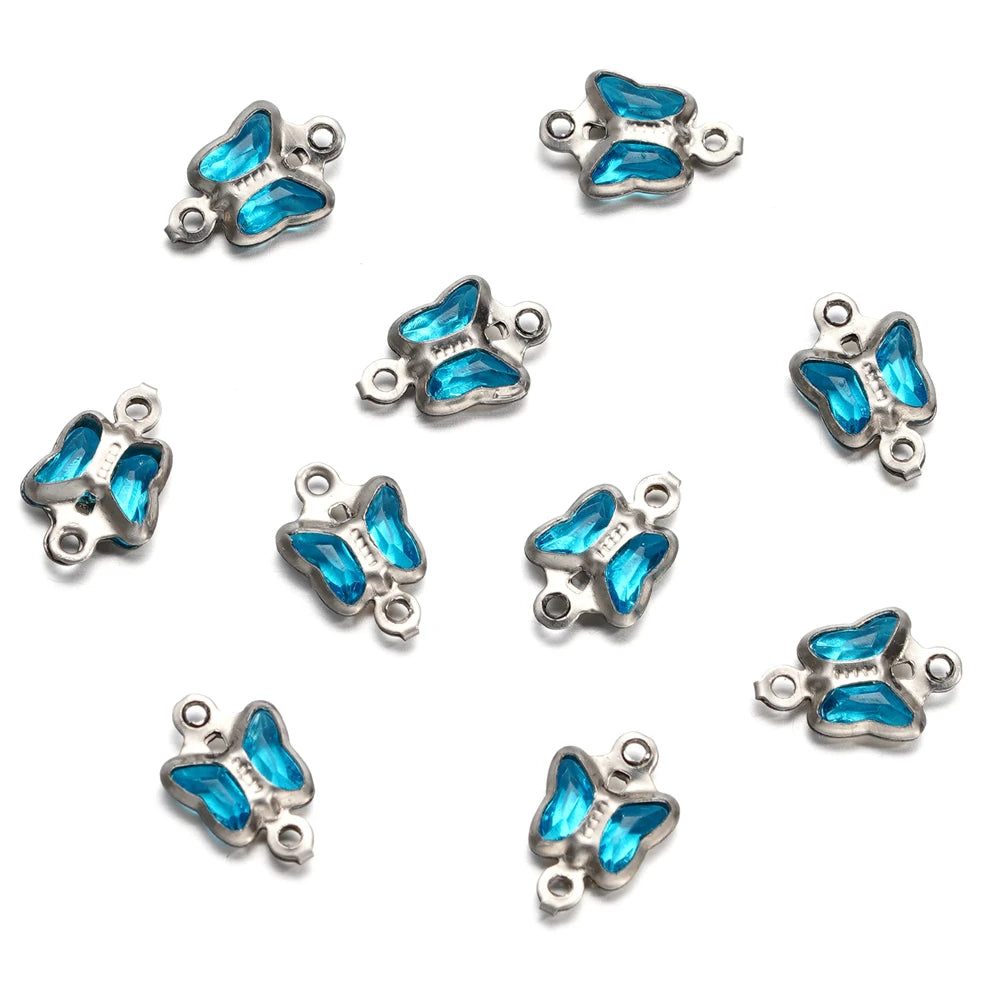 10pcs 7mm Stainless Steel Double Holes Butterfly with Rhinestones Bracelet Necklace Pendants Connectors for DIY Jewelry Making