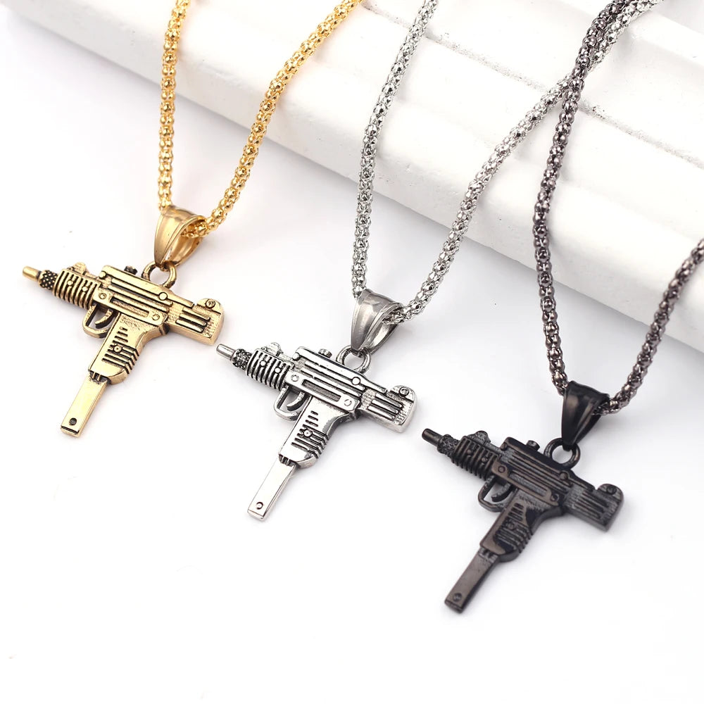 Personality Uzi Gun Shaped Pendant Necklace For Women Men Bar Party Accessory Gothic Male Punk Hip Hop Chain Jewelry