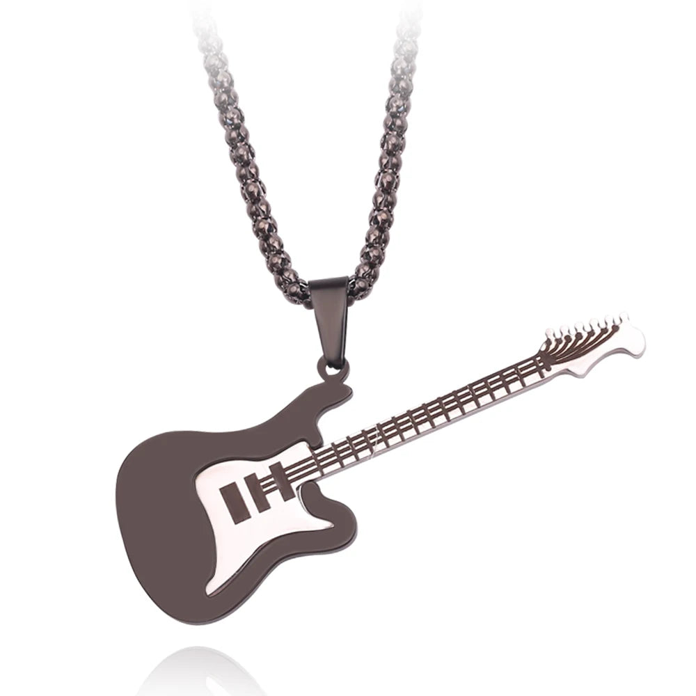 Hip Hop Style Stainless Steel Guitar Bass Pendant Necklace Unisex Punk Guitar Pick Necklace For Men Women Jewelry Gifts
